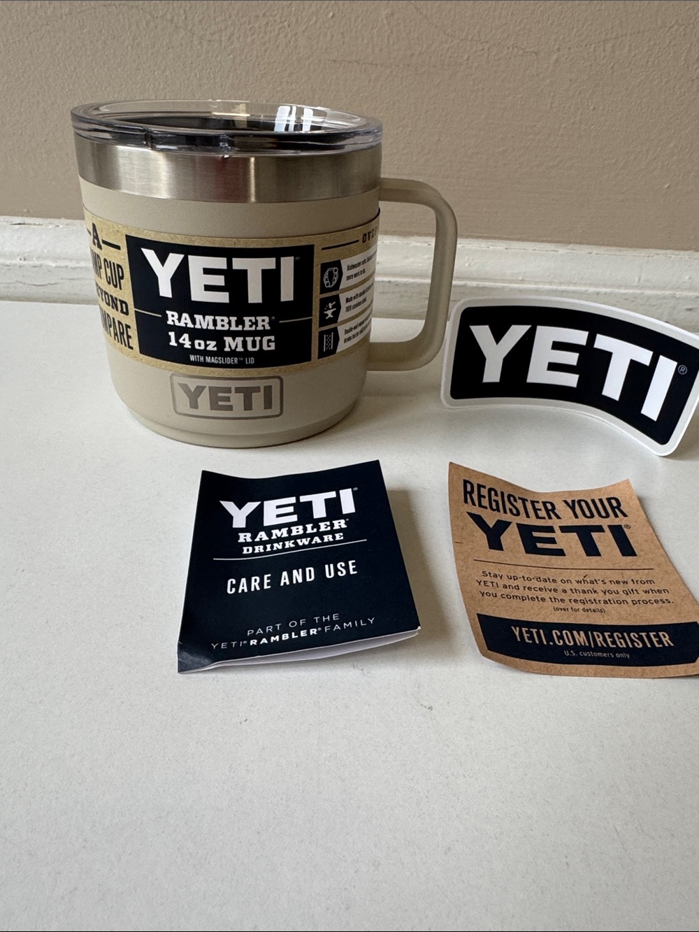 NEW YETI Rambler 14 oz Mug in Tan with Clear Lid